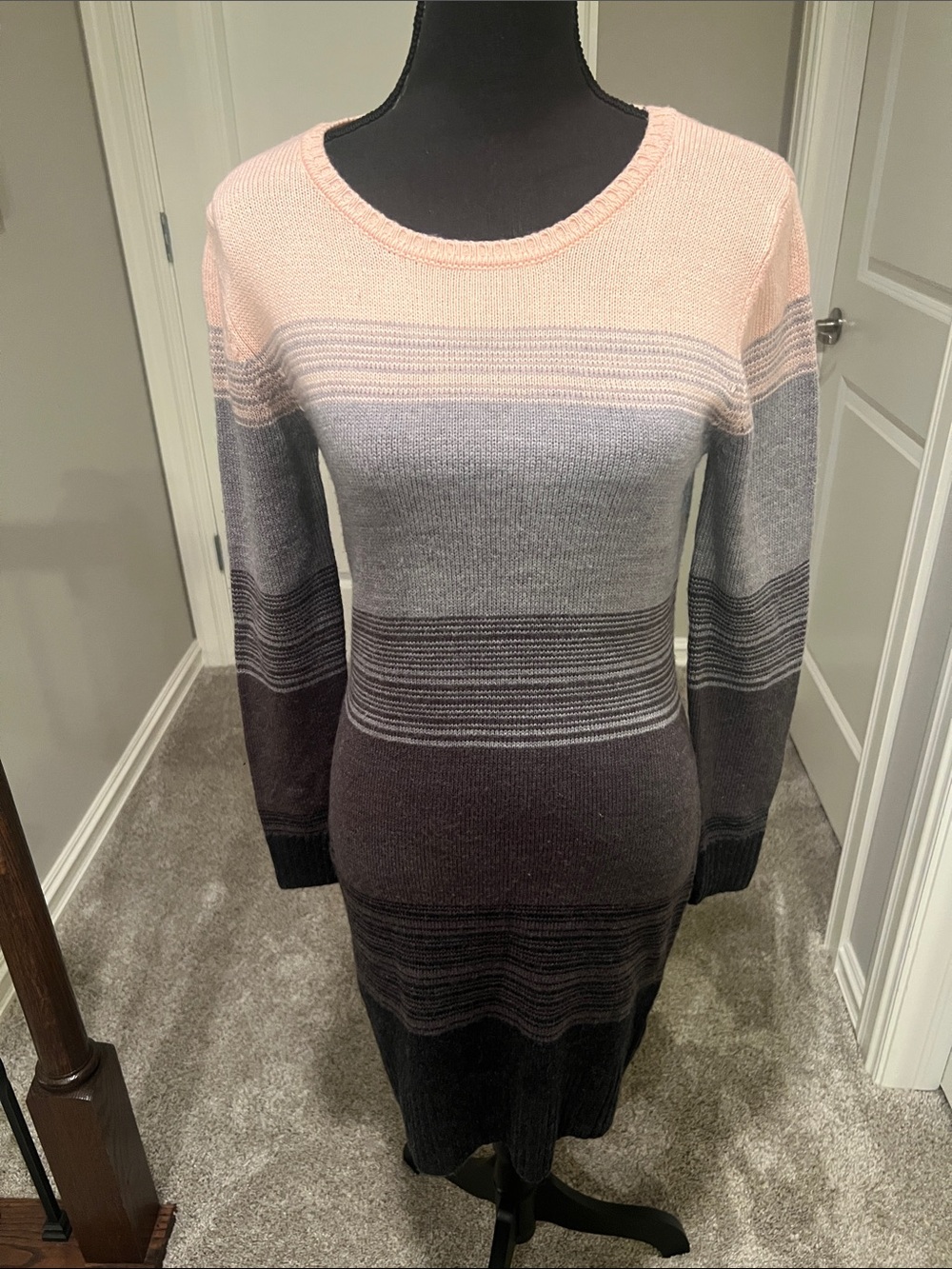 by & by Ombre Striped Knit Long-Sleeve Dress in Pink and Gray